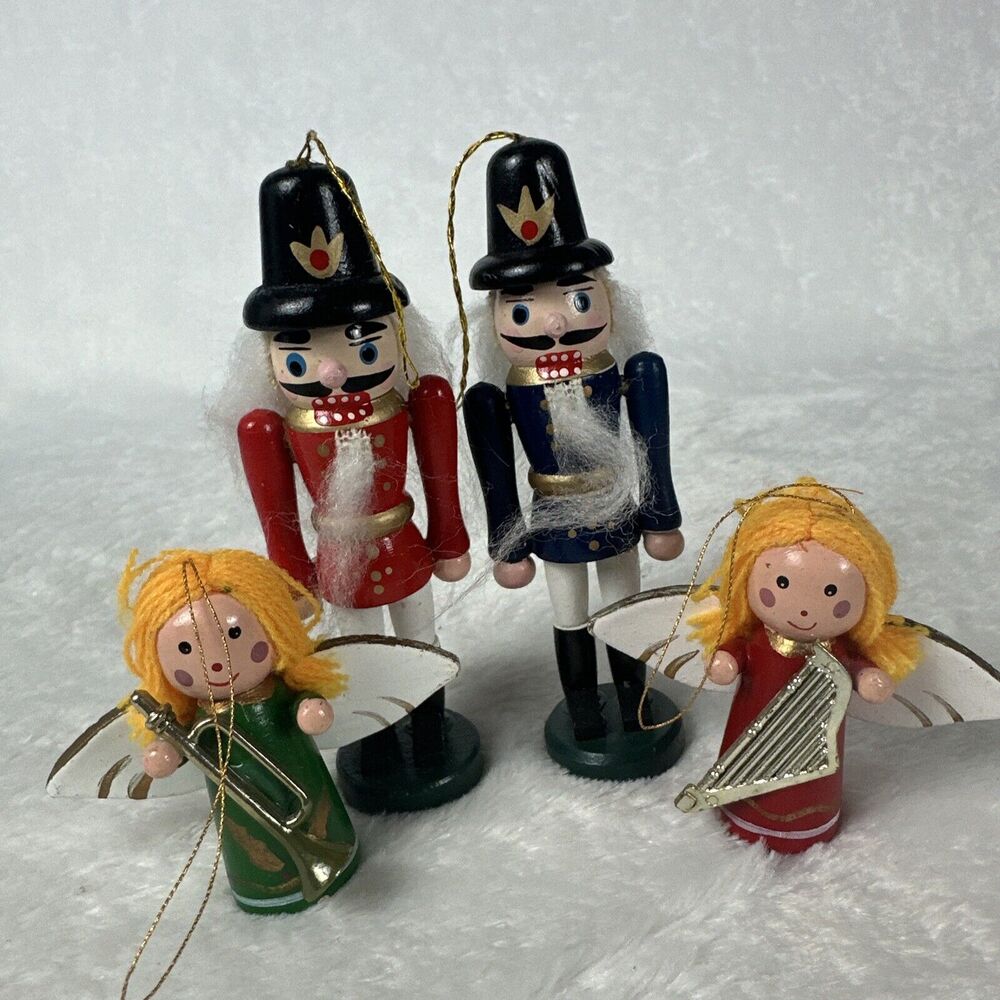 Lot of 4 Nutcracker Wooden Angels Painted Christmas Tree Ornament Cottagecore